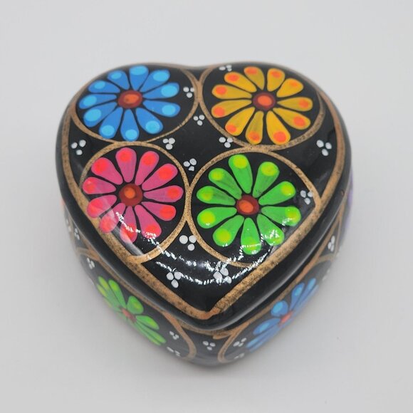Heart Shape Terracotta Trinket Box Colorful Mexican Pottery UV Glow - Picture 1 of 10